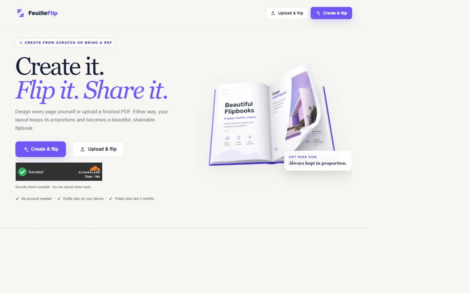 Feuille Flip landing page offering Create and Flip or PDF upload workflows