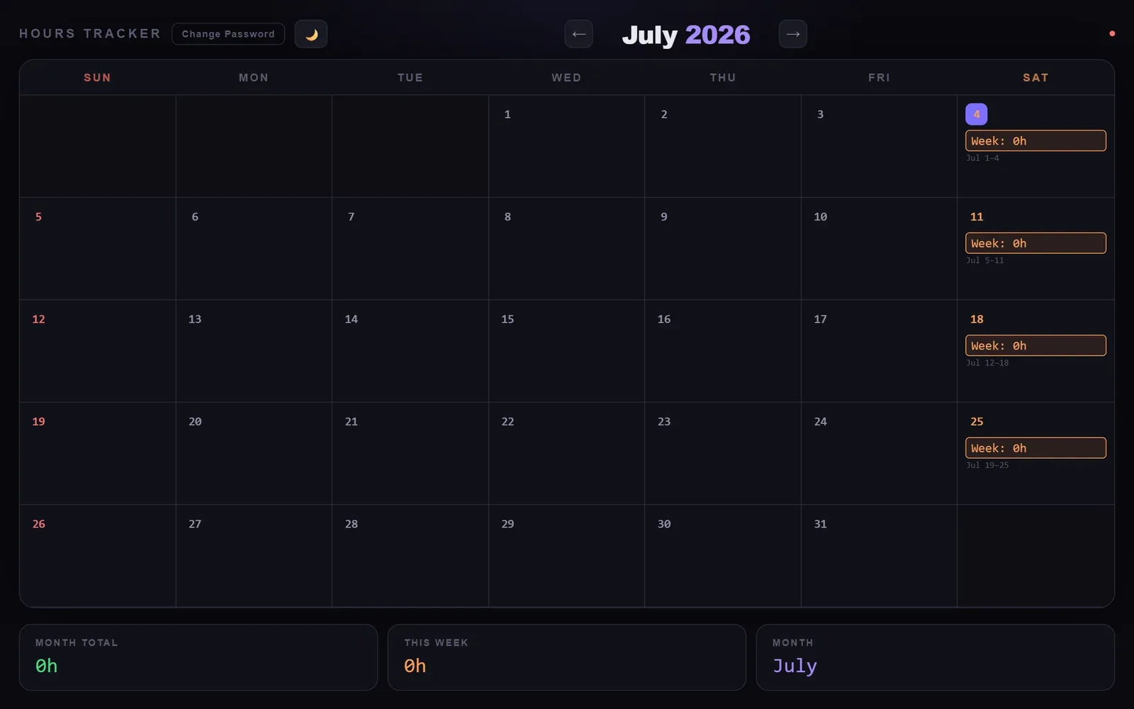 Hours Tracker calendar in dark theme