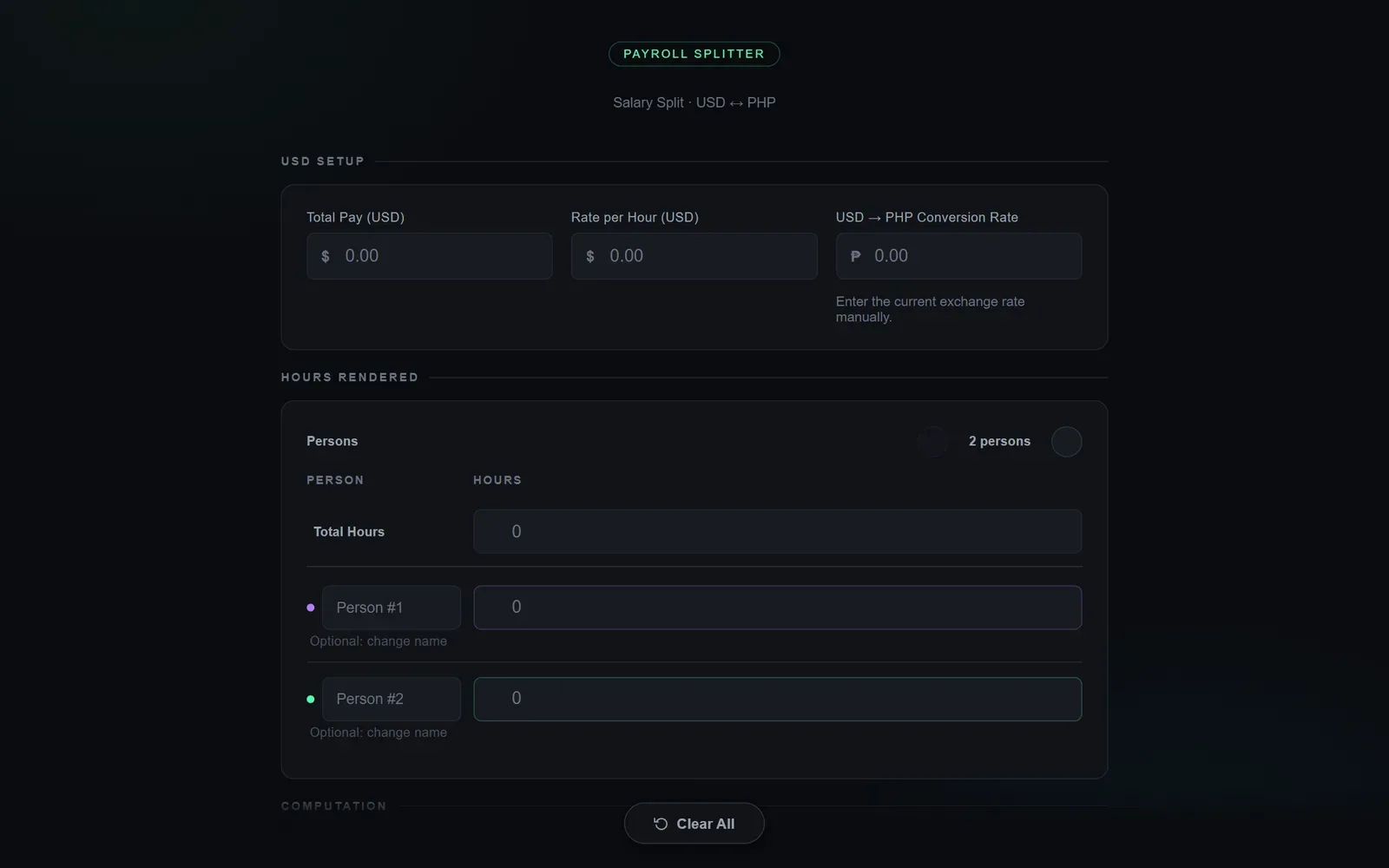 Payroll Splitter USD setup and hours inputs