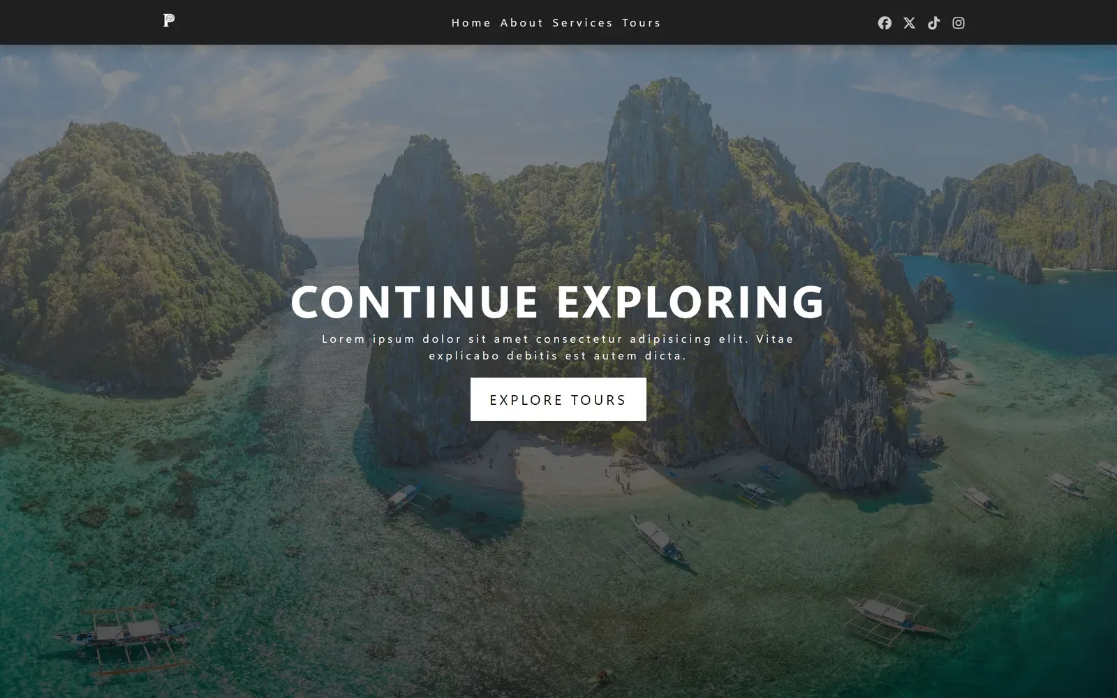 P Travel Tours hero with an El Nido lagoon backdrop and Explore Tours call to action
