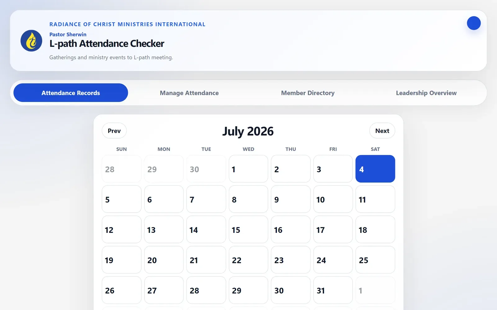 RCMI attendance calendar view in light theme
