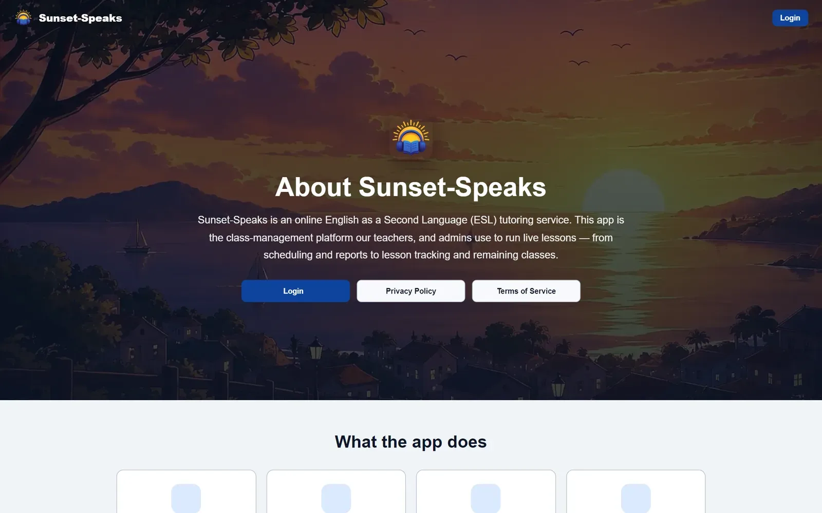 Sunset-Speaks public landing page with a sunset illustration